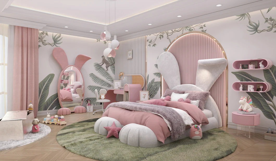 Nova Pink Rabbit Design Cartoon Kids Bed Room Luxury Children Bedroom Furniture Fabric Girls Upholstered Beds