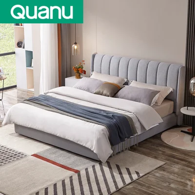 105207 Cama de Casal Quanu Estilo Moderno Confortável Estofado Luxuoso Tecido Cinza