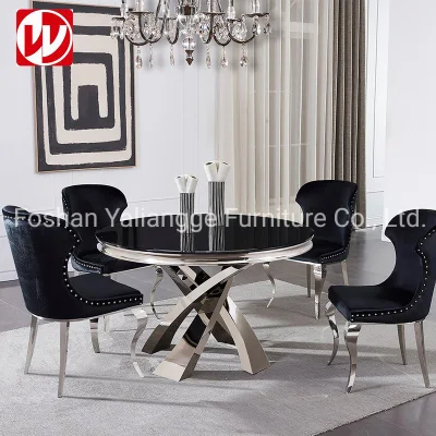 Mobiliário de sala de jantar de design elegante mesa de jantar redonda de aço inoxidável de vidro preto com cadeiras de jantar de banquete