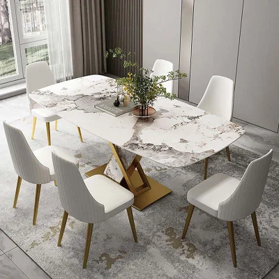 Cadeira de restaurante de luxo em couro, mesa retangular de mármore, conjunto de móveis de jantar para banquete