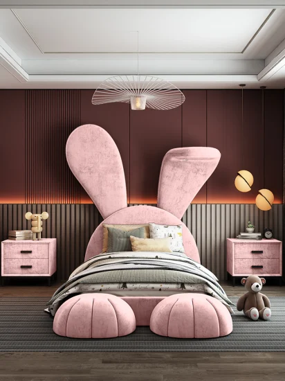 Nova Pink Rabbit Design Cartoon Quarto Infantil Quarto Luxo Mobília Infantil Tecido Tecido Meninas Camas Estofadas