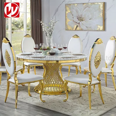 Mobiliário de sala de jantar de design moderno, mesa de jantar de mármore com cadeiras de banquete de aço inoxidável dourado